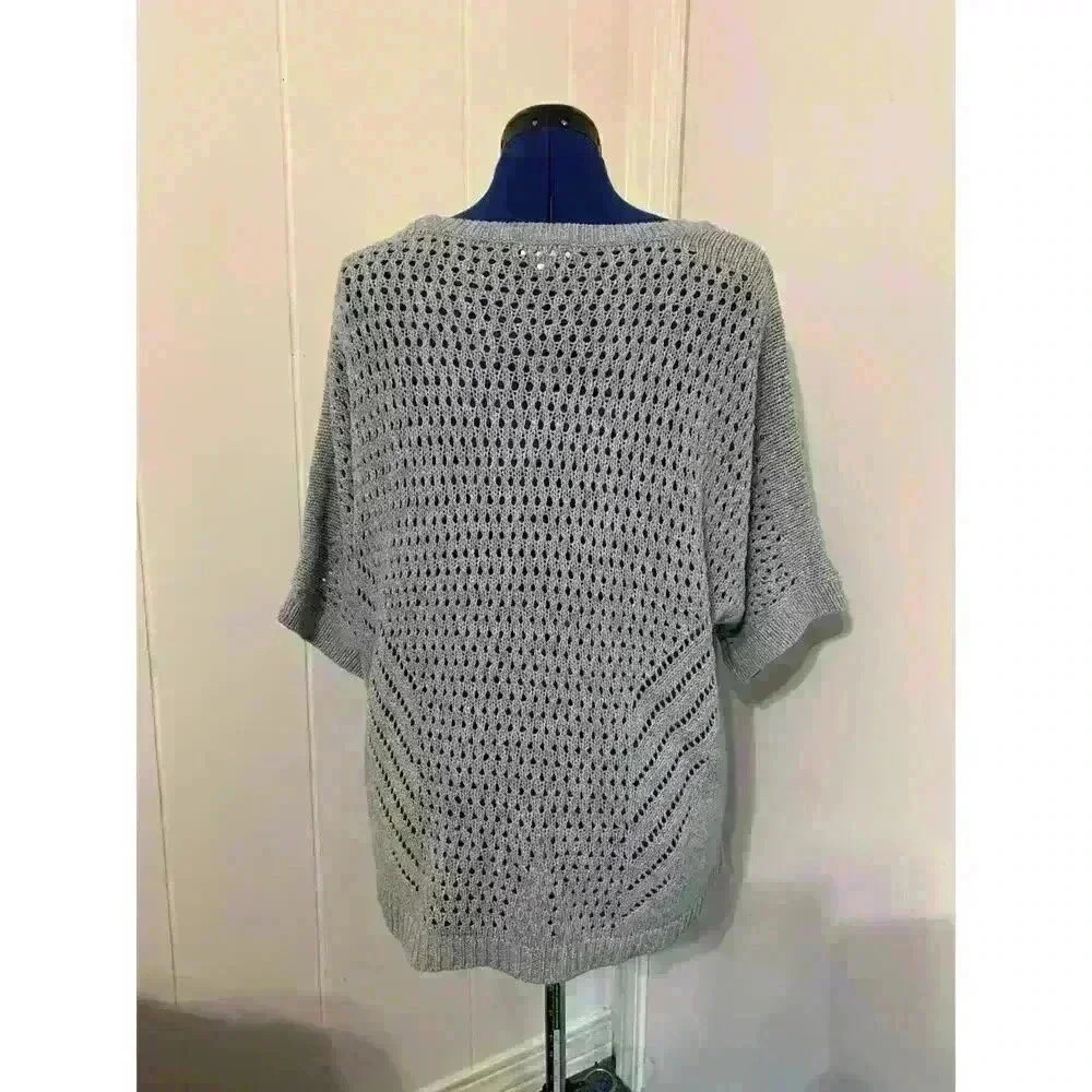 Purejill Womens Gray Cotton Short Sleeve Open knit Sweater Size large Lagenlook - Picture 3 of 10